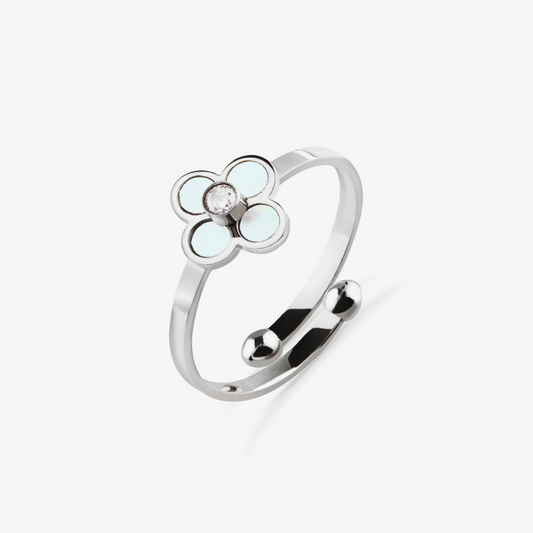 Silver 4-Leaf Pearl Clover Adjustable Anxiety Ring