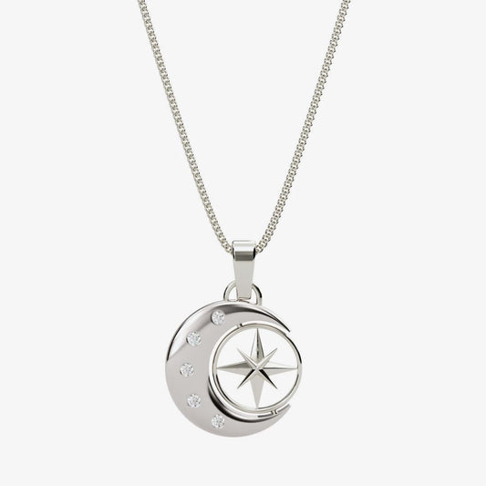 Silver Moon And Spinning Star Necklace